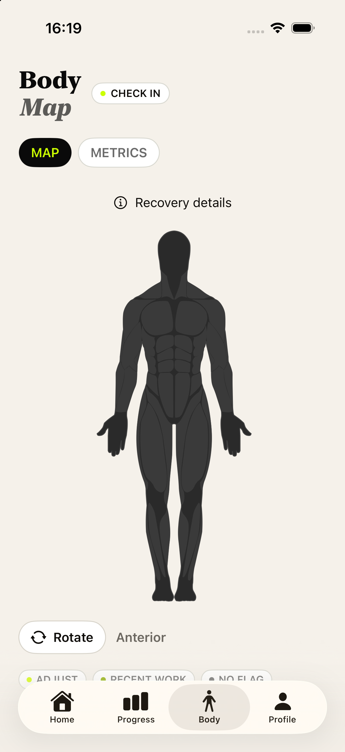 Body Map showing muscle recovery on an anatomical figure