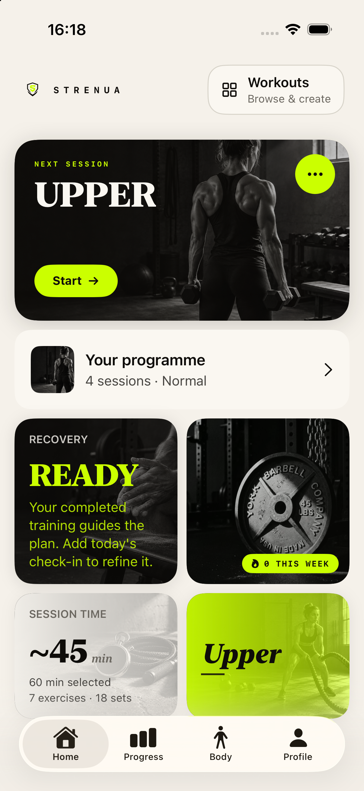 Strenua Home screen with the next Upper session ready to start