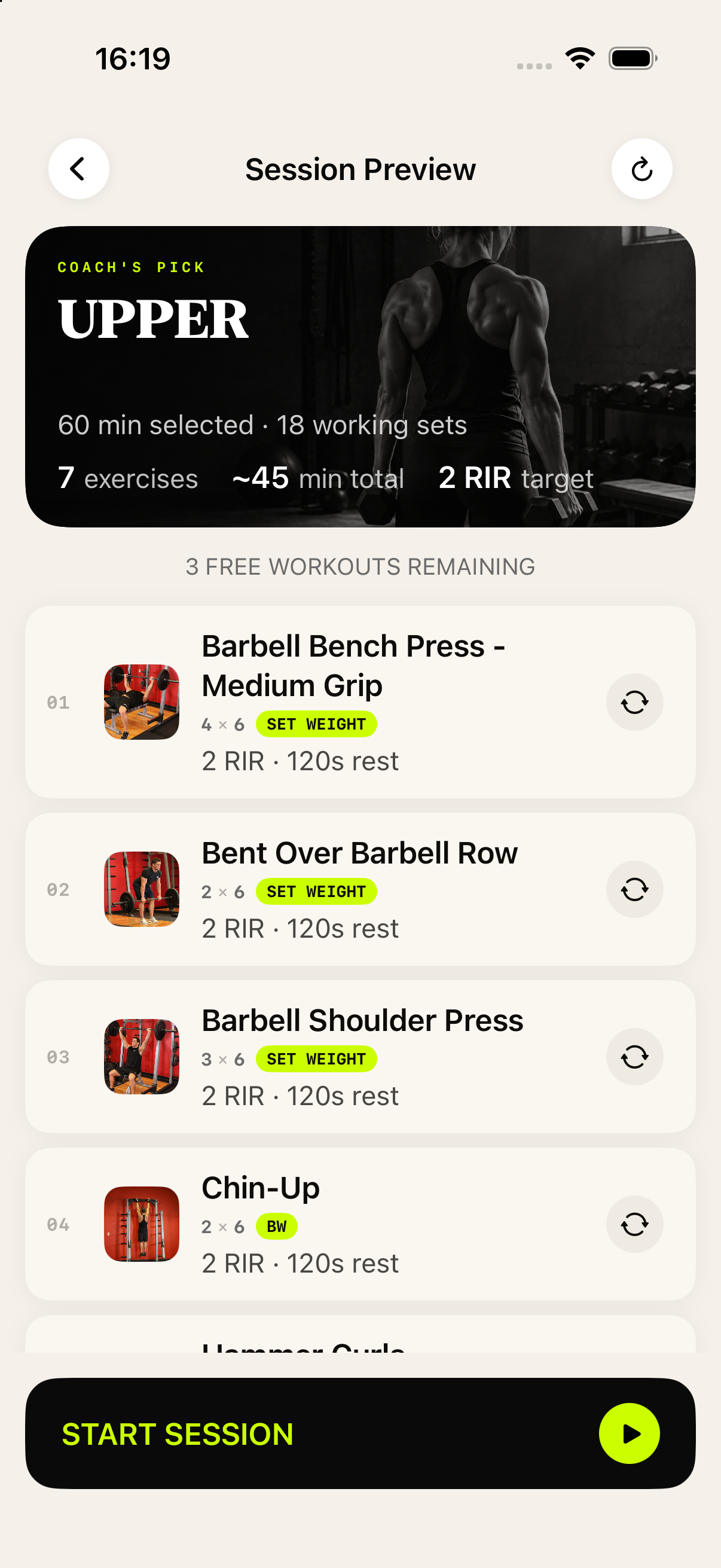 Session preview listing each exercise with sets, effort target and rest
