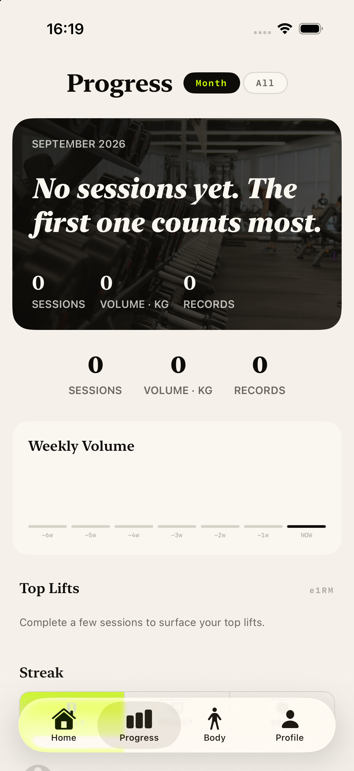 Progress screen with sessions, volume and records for the month